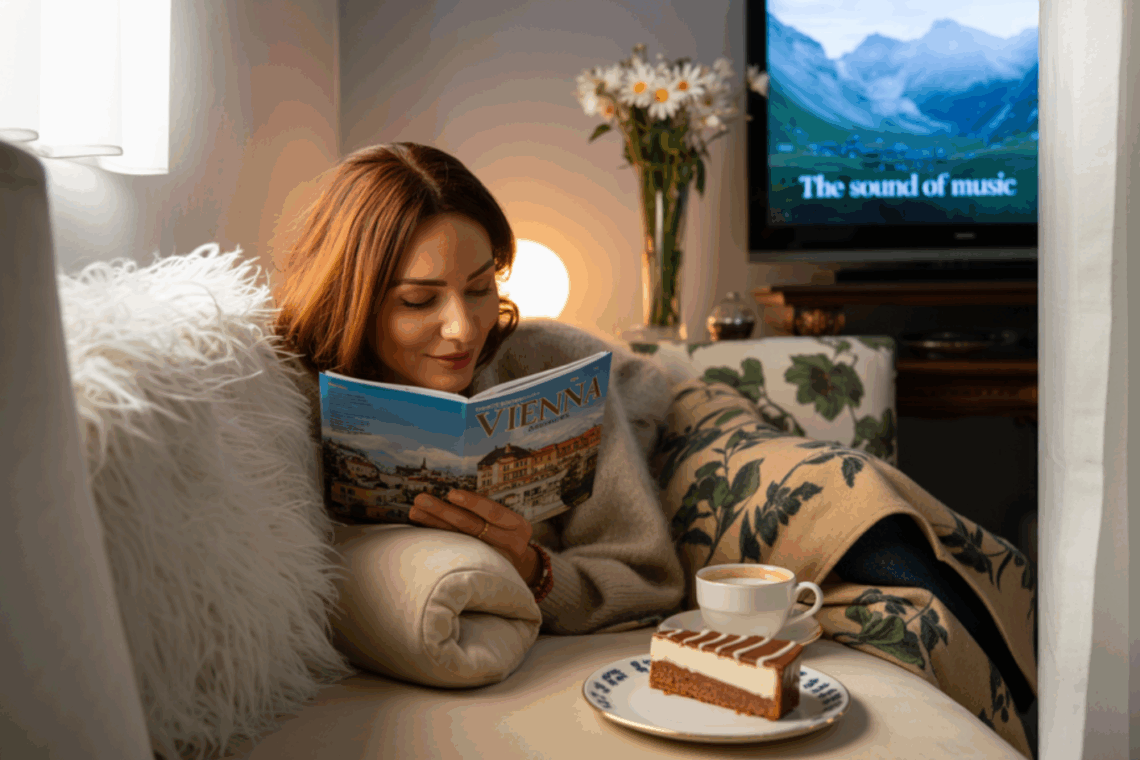 A woman relaxing on a cozy sofa, reading a Vienna travel guide with a slice of cake and coffee nearby, while “The Sound of Music” plays on the TV in the background.