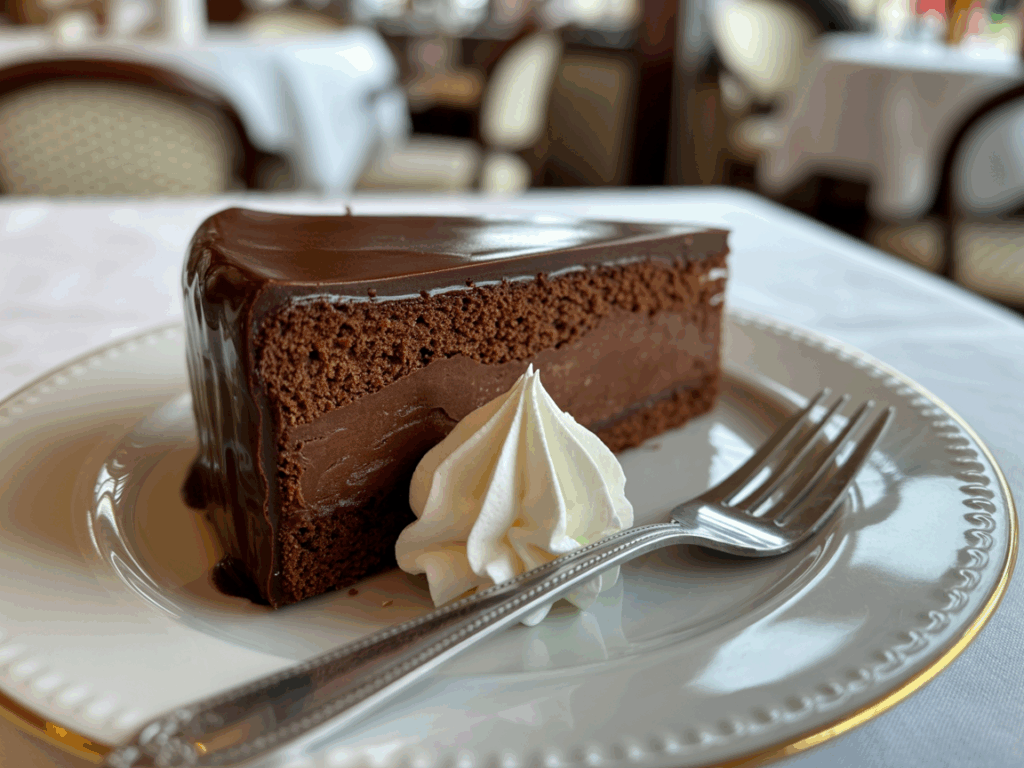A slice of rich Sachertorte with glossy chocolate glaze, served with a dollop of whipped cream on a white porcelain plate with gold trim and a silver fork, set on a crisp white tablecloth in a classic Viennese café.