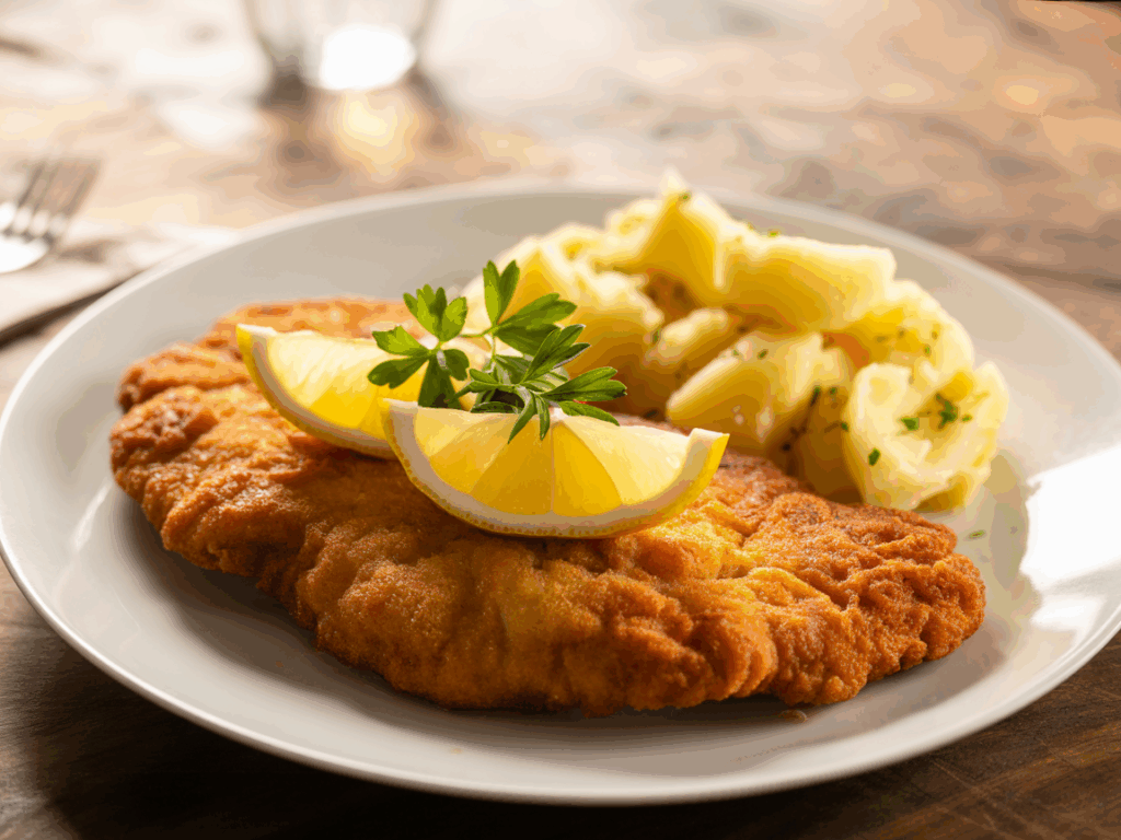 A golden-brown Wiener Schnitzel garnished with lemon wedges and fresh parsley, served with a side of warm parsley potatoes on a white plate atop a rustic wooden table.
