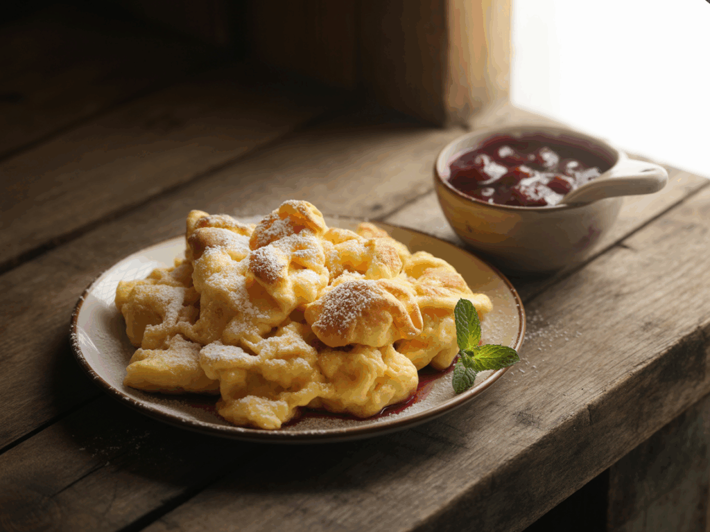 A plate of fluffy, golden-brown Kaiserschmarrn dusted with powdered sugar, served with a bowl of fruit compote on a rustic wooden table by a sunlit window.
