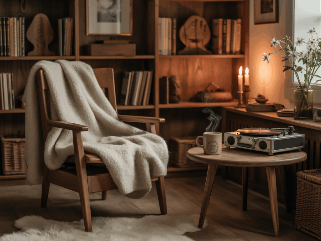 A cozy reading nook with a wooden armchair draped in a wool blanket, a steaming mug and record player on a round wood table, and soft lighting from candles and a window. Books and flowers complete the warm, calming atmosphere.