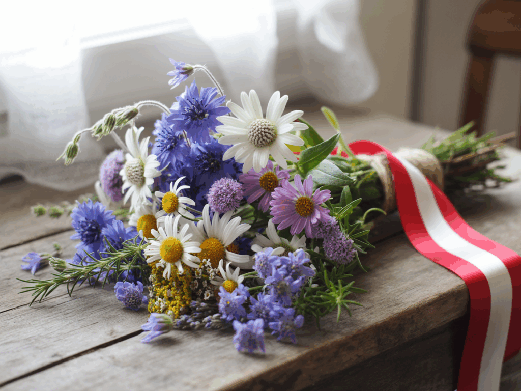 A rustic Austrian-style bouquet featuring edelweiss, gentians, asters, daisies, and lavender, wrapped in twine with a red and white ribbon.