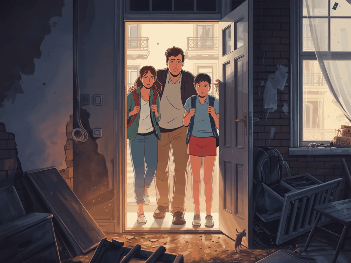 A semi-realistic digital illustration of a family of four—two parents and two teenagers—arriving at a charming apartment building. Each carries a backpack. The building’s exterior looks beautiful: flower boxes, warm lights, clean facade. But the front door is open, and inside is a mess—broken furniture, stained walls, peeling paint, maybe a rat or water damage. The family is standing in the doorway, just stepping inside, with surprised or shocked expressions—not smiling.
