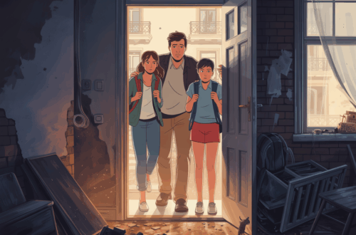 A semi-realistic digital illustration of a family of four—two parents and two teenagers—arriving at a charming apartment building. Each carries a backpack. The building’s exterior looks beautiful: flower boxes, warm lights, clean facade. But the front door is open, and inside is a mess—broken furniture, stained walls, peeling paint, maybe a rat or water damage. The family is standing in the doorway, just stepping inside, with surprised or shocked expressions—not smiling.