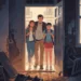 A semi-realistic digital illustration of a family of four—two parents and two teenagers—arriving at a charming apartment building. Each carries a backpack. The building’s exterior looks beautiful: flower boxes, warm lights, clean facade. But the front door is open, and inside is a mess—broken furniture, stained walls, peeling paint, maybe a rat or water damage. The family is standing in the doorway, just stepping inside, with surprised or shocked expressions—not smiling.